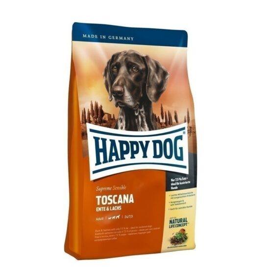 Happy Dog Toscana 4kg Ξηρά Τροφή χωρίς Γλουτένη για Ενήλικους Σκύλους Μεσαίων & Μεγαλόσωμων Φυλών με Πάπια και Σολομό